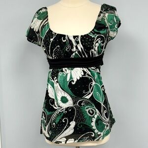 Hot Tempered Y2K Babydoll Top Green Floral Paisley & Black M Whimsigoth Fairy